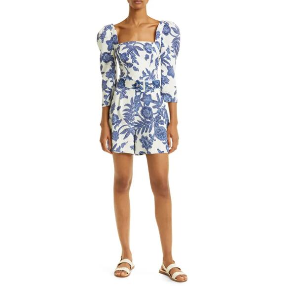 Cara Cara Penelope Square Neck Blue White Floral Belted Romper Size Medium - Picture 1 of 5